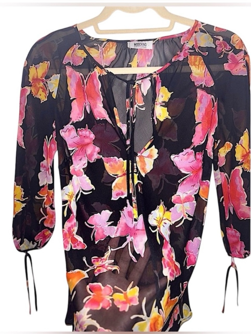 Vintage Moschino Butterfly Print Sheer Blouse Black Pink Y2K Chiffon Top - Picture 5 of 9